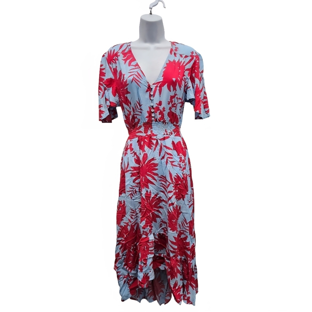 0069 Abel the Label Dress Tropical Blue Pink Floral High Low Midi Flounce XS